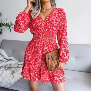 Ditzy Floral Boho Ruffle Hem V Neck Long Sleeve Mini Dress Size Large